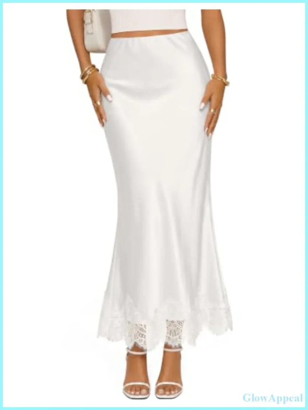 Satin Lace Trim Maxi Skirt High Waist Mermaid Fishtail Flowy Long Business